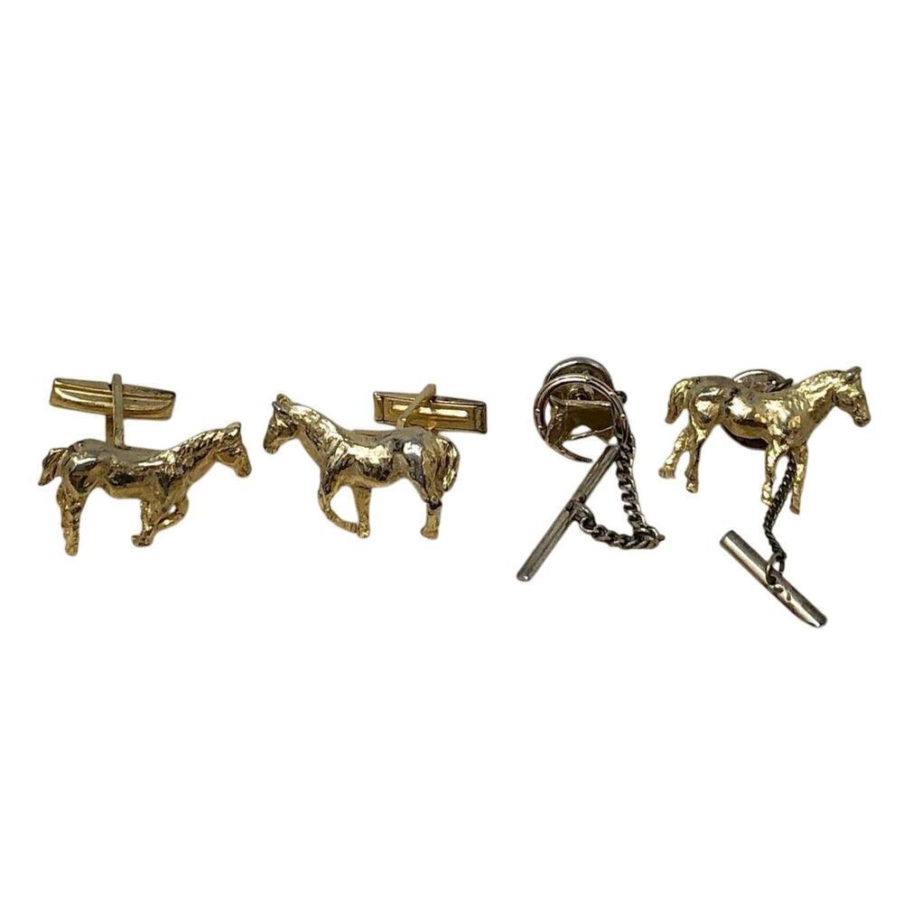 Vintage Equestrian Horse Cufflinks & Tie Pin Set by Hickok USA